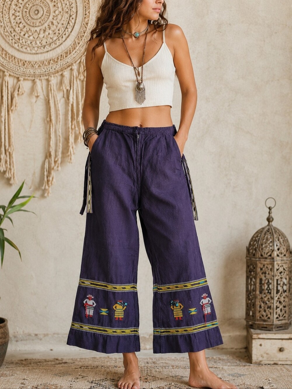 Vintage Handmade Folk Art Pants Womens BOHO Festival Artisan Ethnic Wide Leg